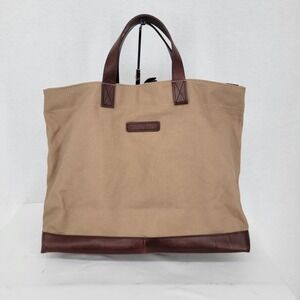 Baekgaard "Oliver" Tan Canvas Leather Trim Tote Bag Laptop Compartment w/ Strap